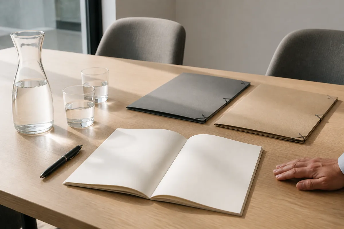 Table de réunion en bois clair avec dossiers et carnet ouverts pour cadrer une mission de conseil