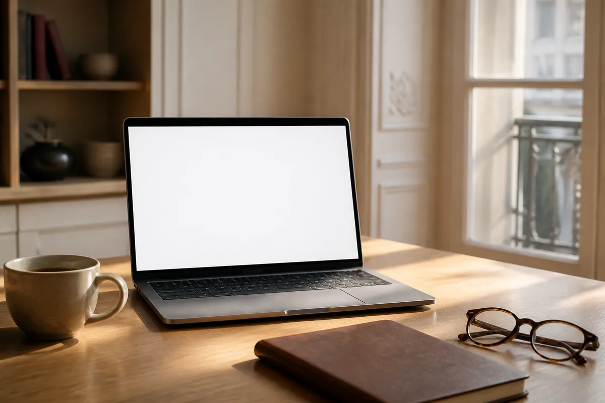 Bureau de consultant avec ordinateur portable ouvert sur un écran vierge et tasse de café, lumière naturelle
