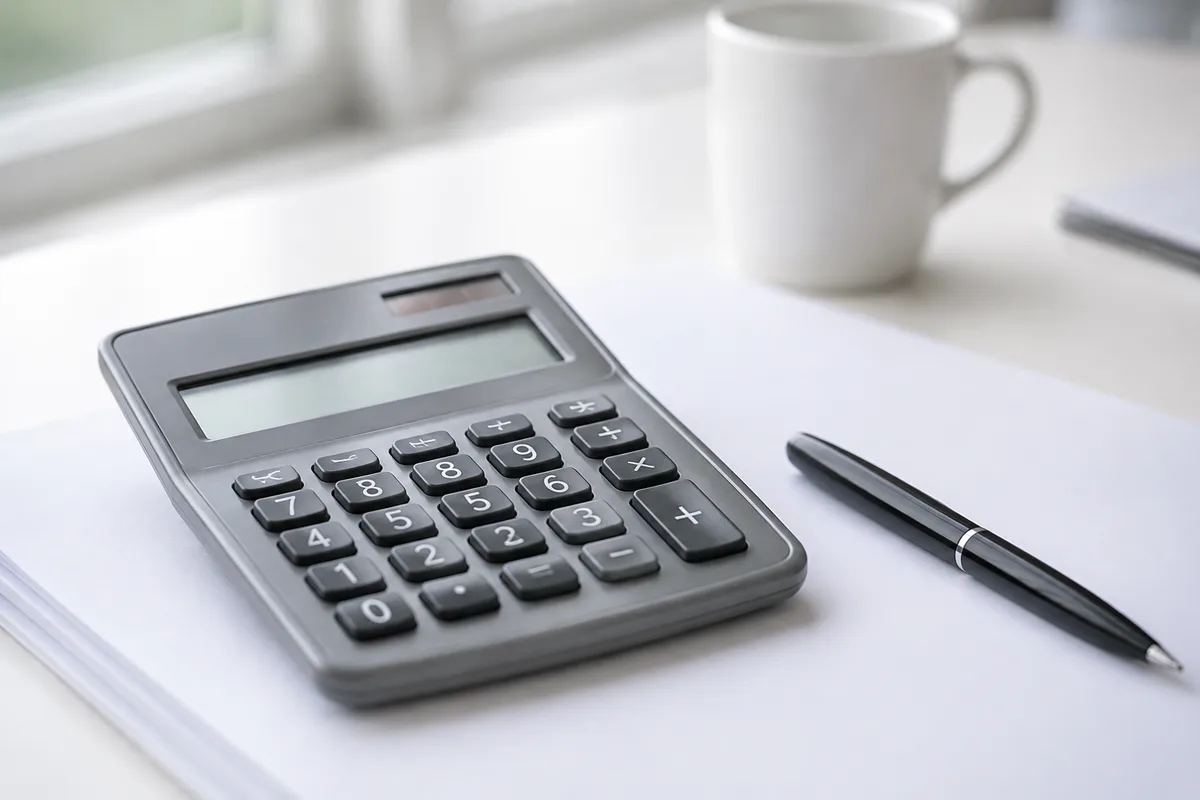 Bureau clair avec calculatrice, feuilles vierges et stylo posés côte à côte