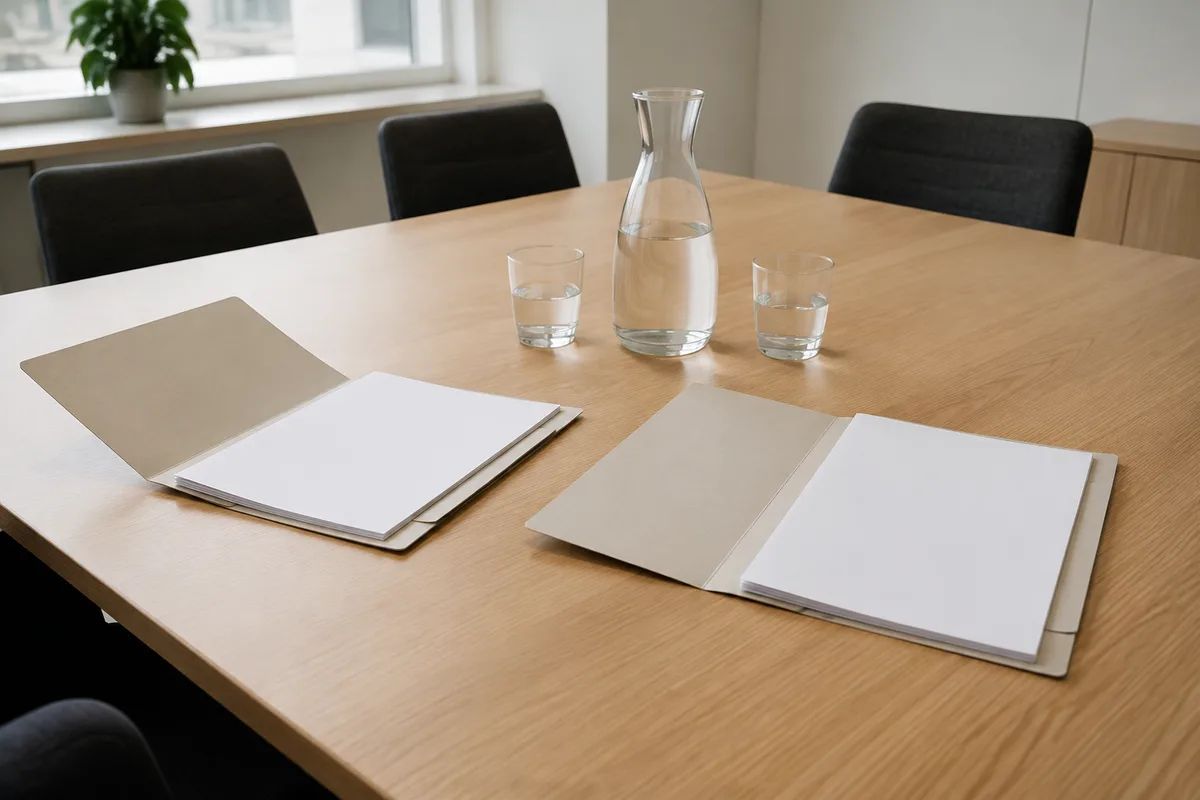 Salle de réunion avec dossiers cartonnés ouverts et carafe d eau sur table claire