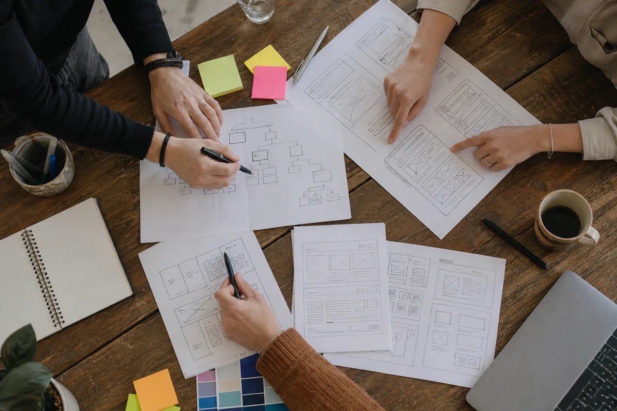 Réunion de travail autour de maquettes de pages web posées sur une table en bois