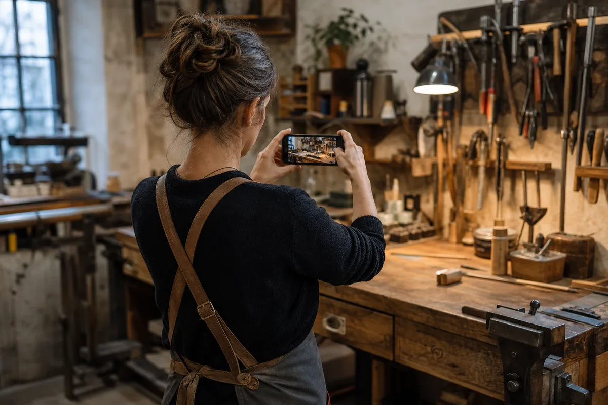 Artisan photographiant son atelier avec un smartphone pour illustrer son site professionnel
