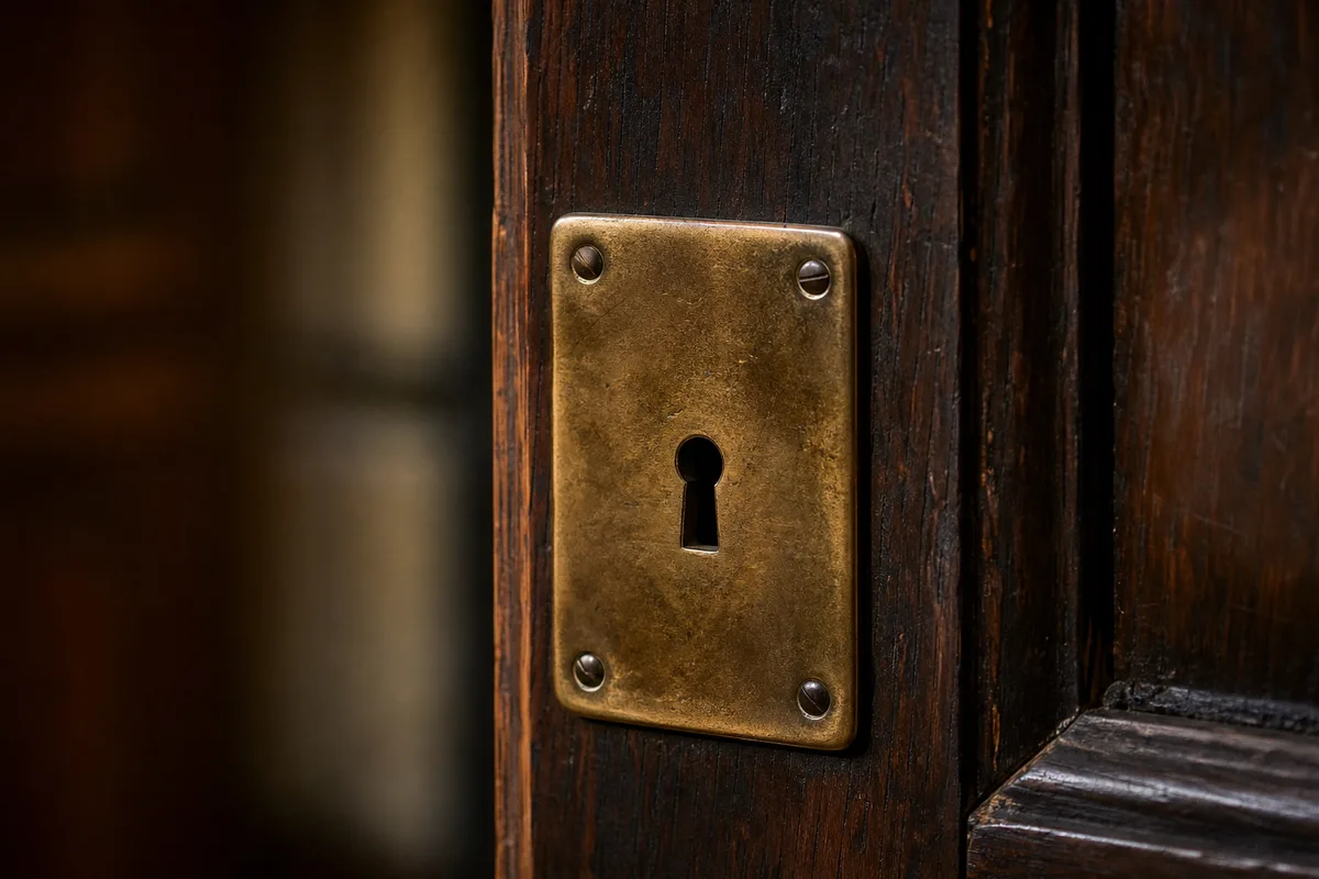 Serrure ancienne en laiton sur une porte de bureau en bois, lumière rasante