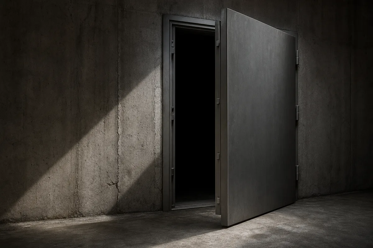 Coffre-fort d&rsquo;archives entrouvert dans une pièce sombre, faisceau de lumière latérale