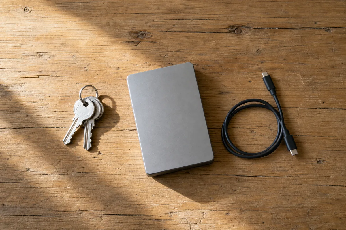 Vue en plongée sur un jeu de clés posé à côté d&rsquo;un disque dur externe débranché, sur une table en bois