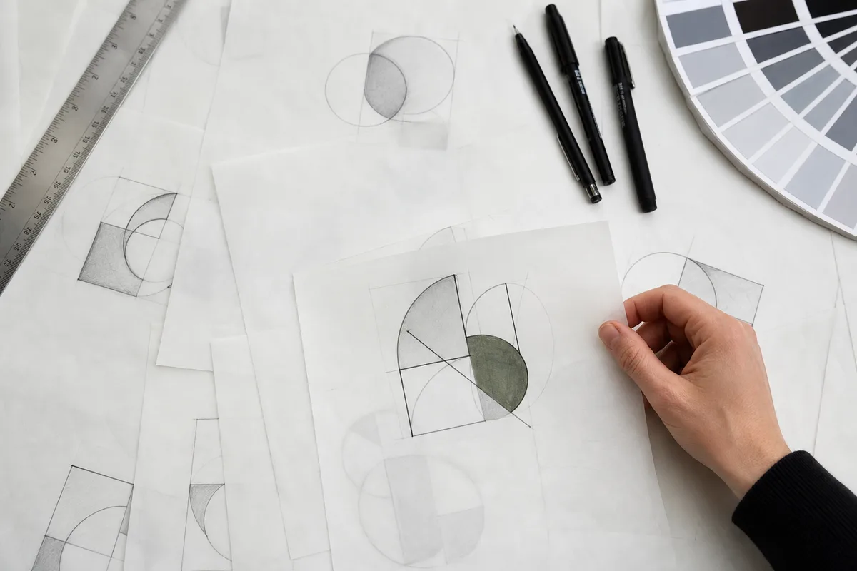 Table de graphiste avec calques superposés portant des variantes de monogramme dessinées au crayon