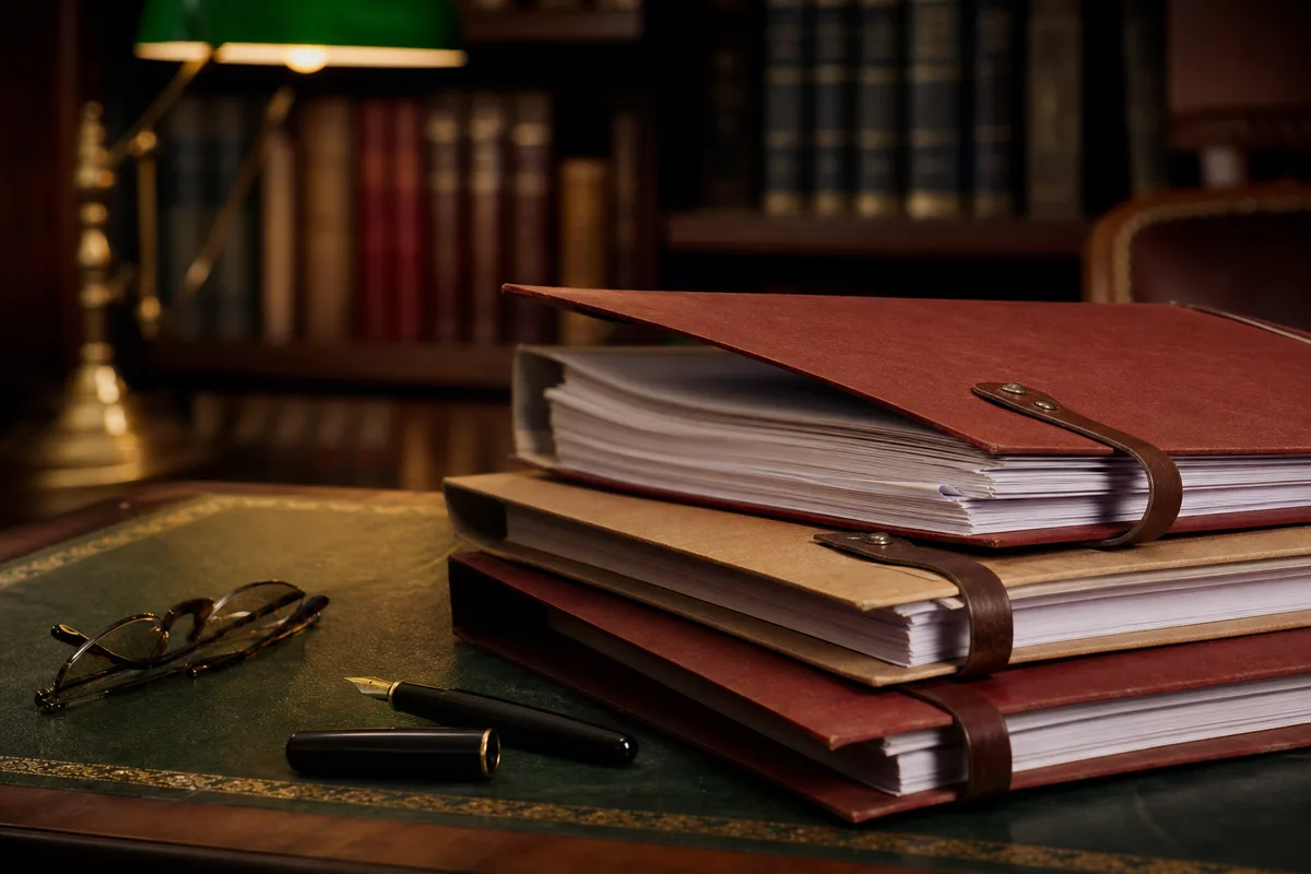 Dossiers cartonnés à sangles et stylo plume sur le bureau d&rsquo;un cabinet de conseil français