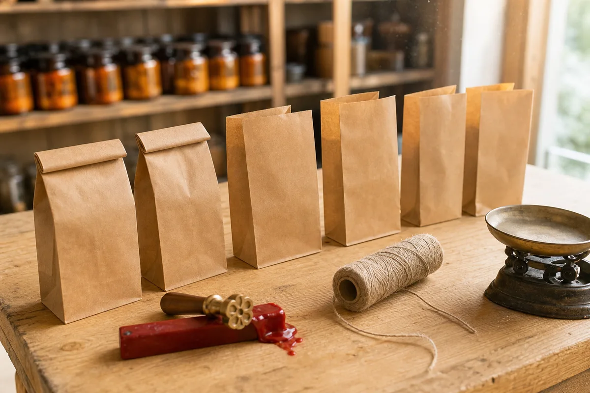 Emballages kraft vierges et cachet de cire sur l&rsquo;établi d&rsquo;un petit atelier artisanal