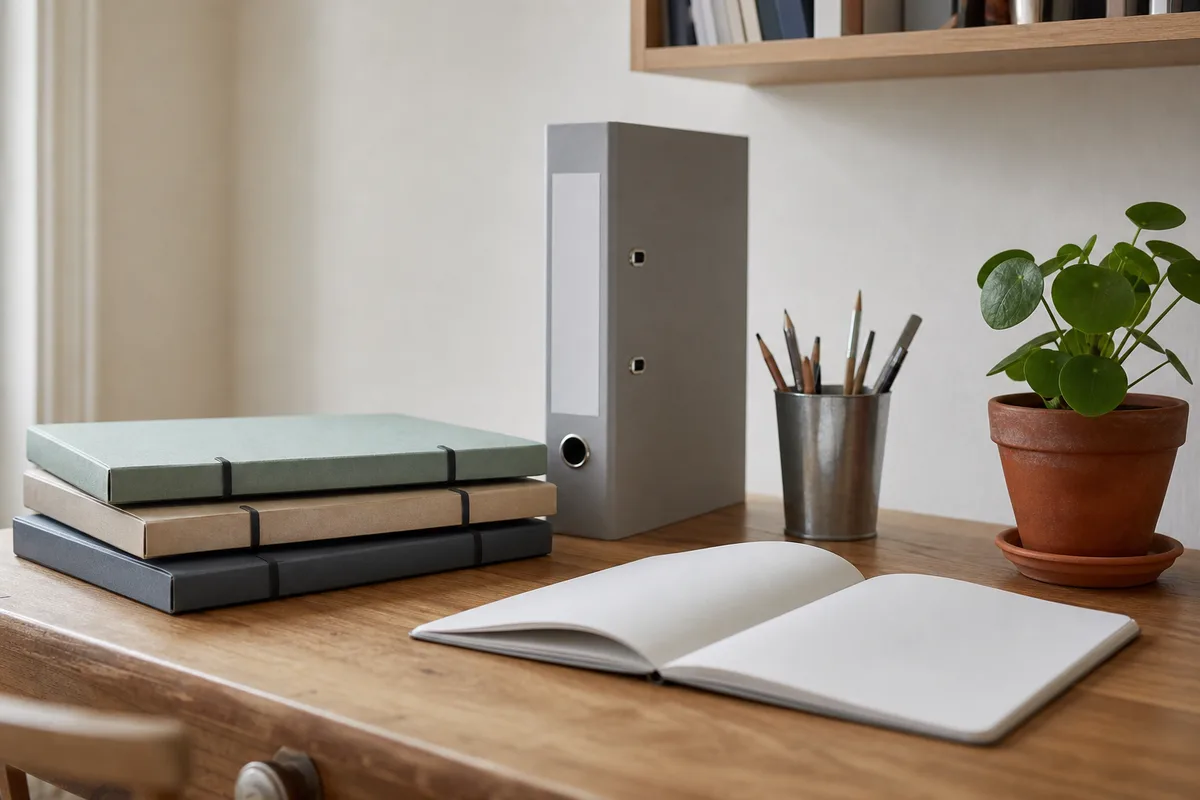 Bureau à domicile avec dossiers cartonnés empilés, carnet ouvert et plante verte, lumière naturelle