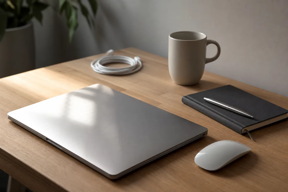 Ordinateur portable fermé posé sur un bureau ordonné à côté d’un carnet et d’un stylo, reflet de fenêtre