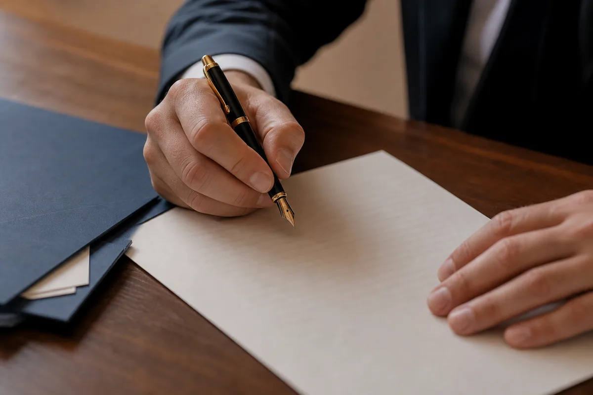 Signature d’un document contractuel sur une table en bois, stylo et chemise à rabats, lumière douce