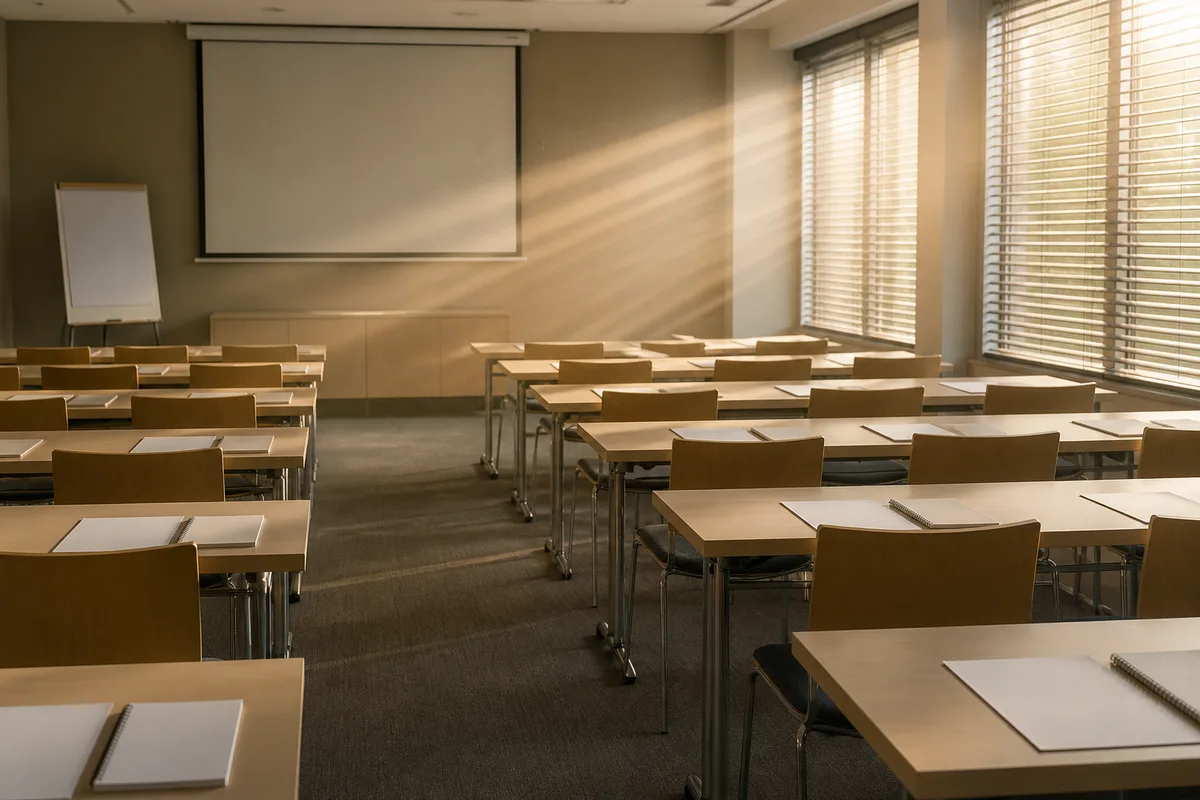 Salle de formation professionnelle vide en fin de journée, tables claires et supports papier empilés sous une lumière rasante