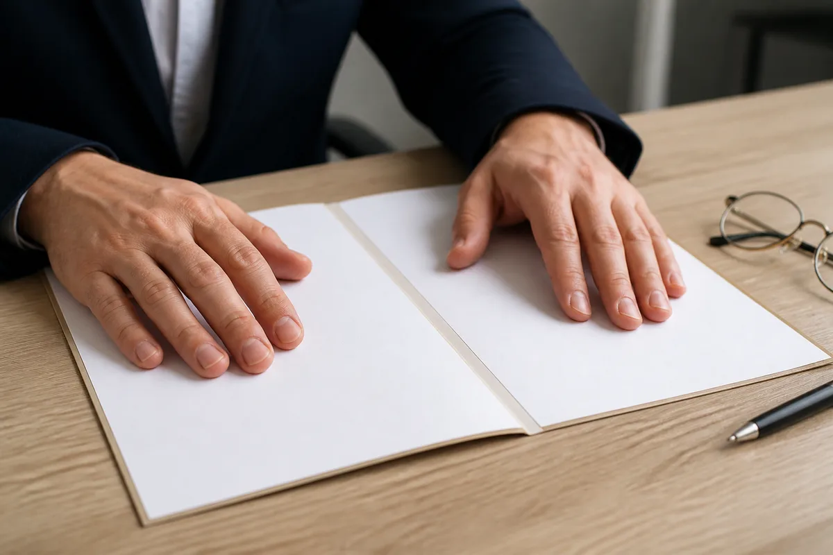 Mains posées sur un dossier cartonné ouvert, stylo et lunettes sur un bureau en bois clair, lumière naturelle latérale