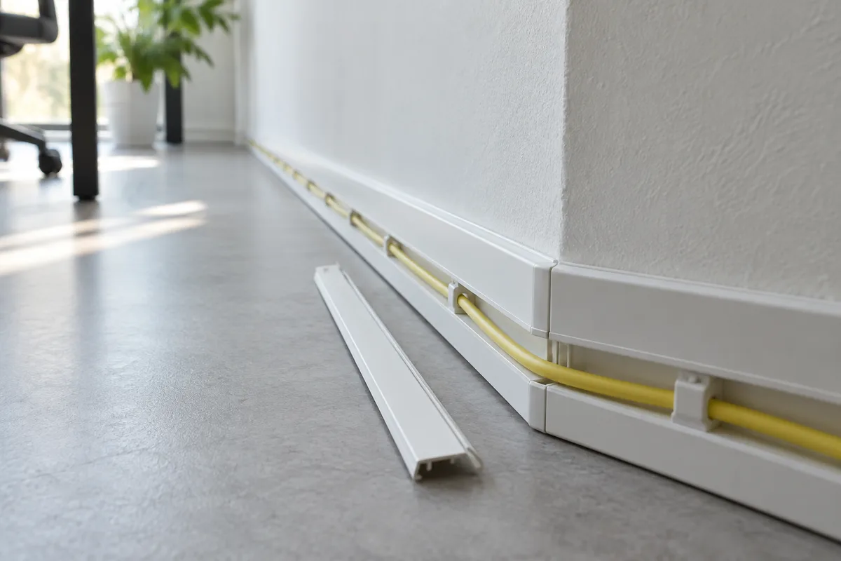 Câble fibre optique déroulé dans une goulotte blanche le long d&rsquo;une plinthe de bureau