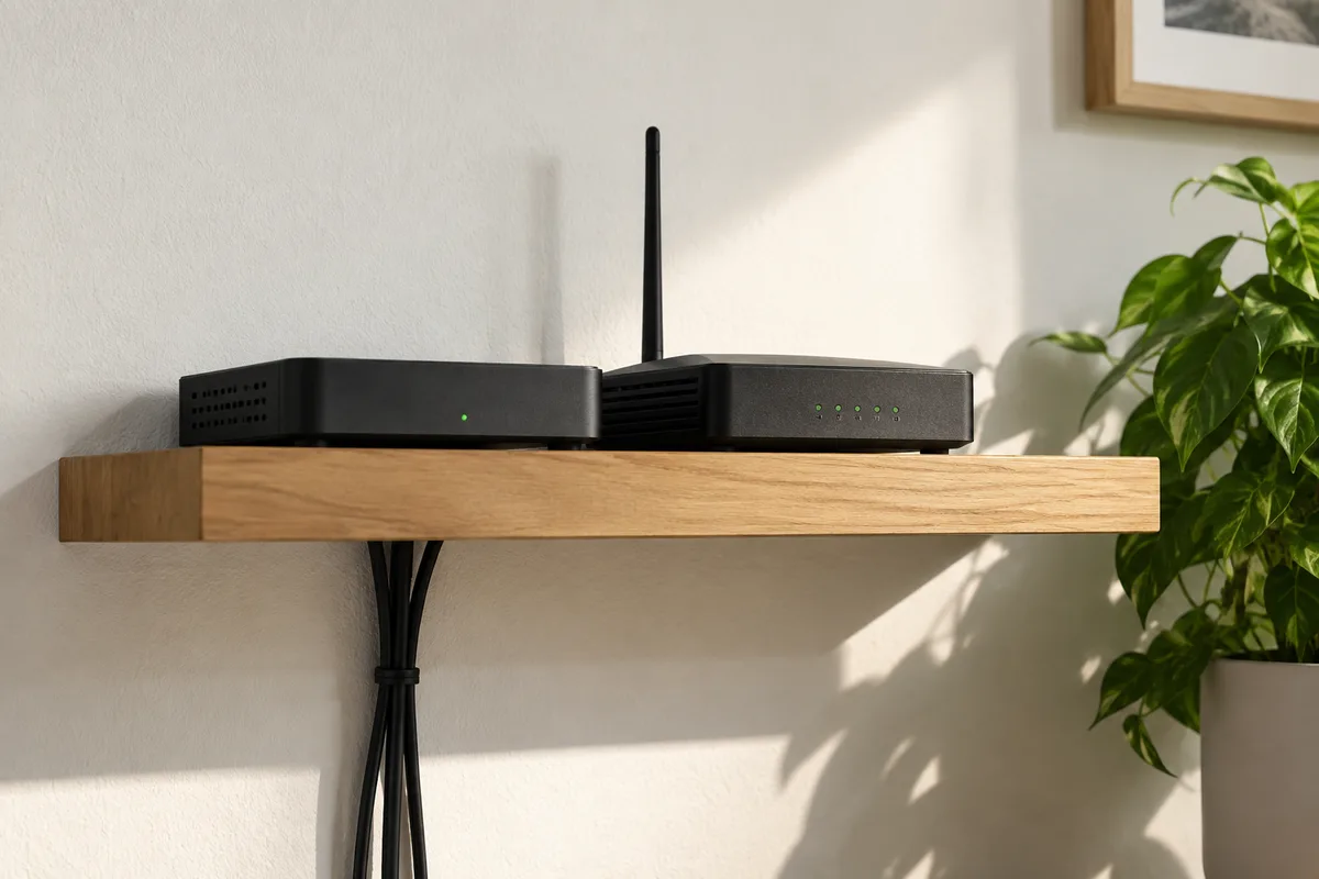 Petit bureau d&rsquo;entreprise avec une box et un routeur posés sur une étagère en bois clair
