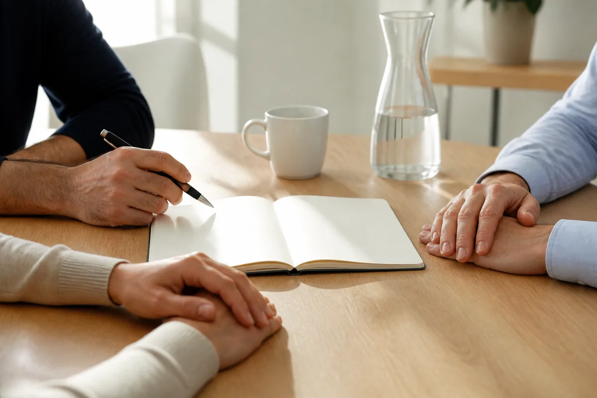 Réunion d&rsquo;équipe détendue dans une salle claire, mains posées sur une table de travail