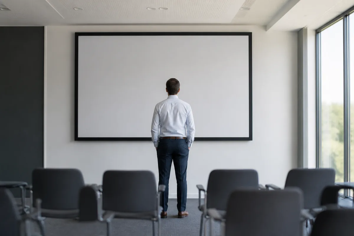 Personne debout de dos devant un écran de présentation vierge dans une salle de réunion