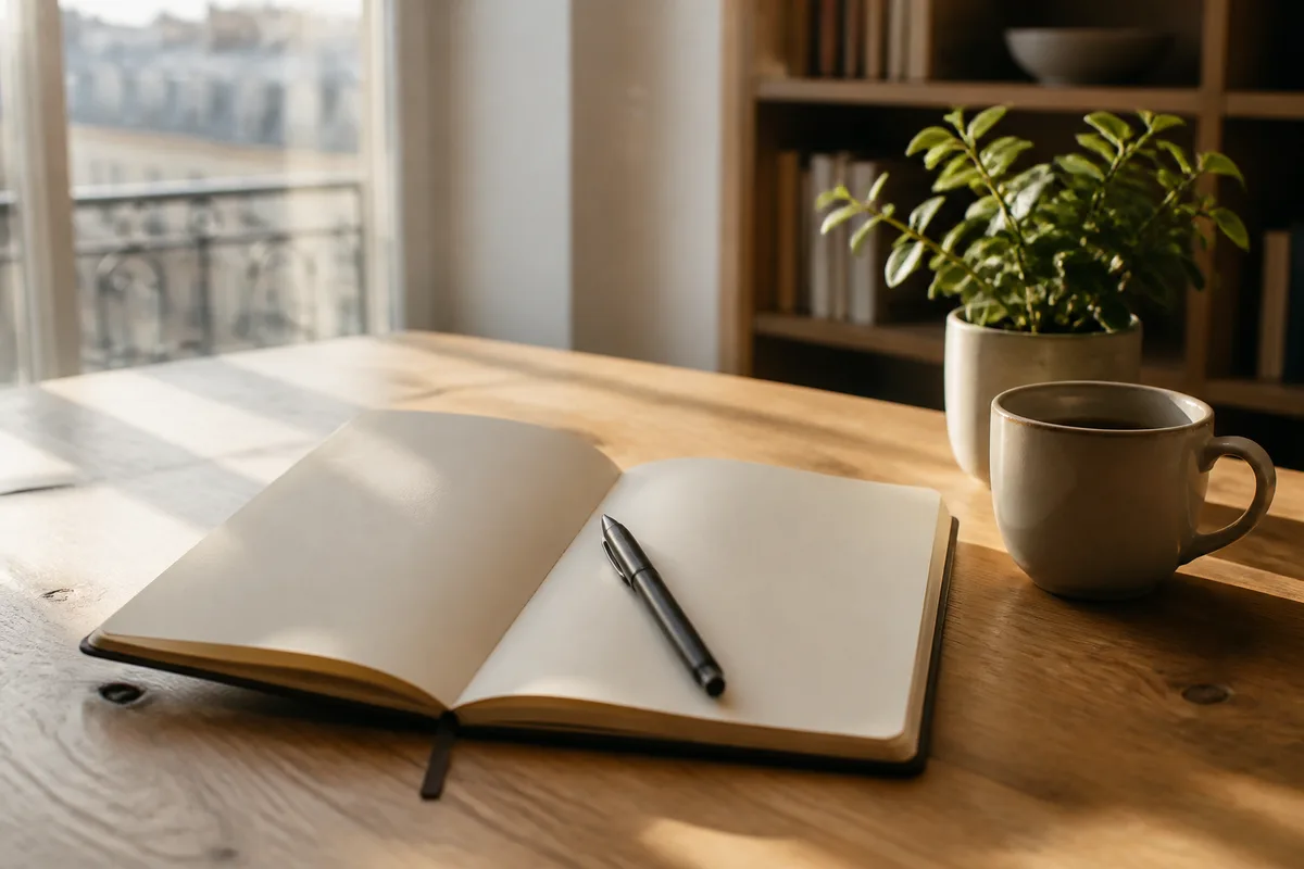 Carnet ouvert et stylo posés sur un bureau en bois près d&rsquo;une fenêtre lumineuse