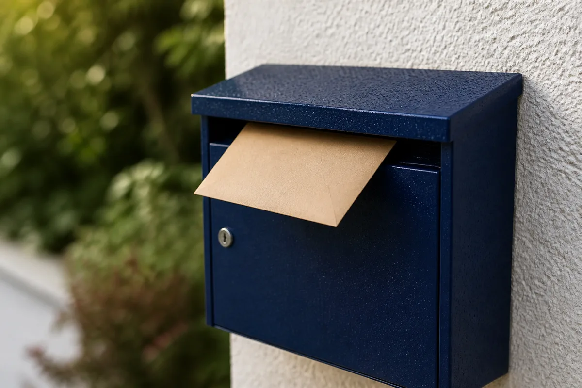 Boîte aux lettres métallique bleu nuit sur un mur crépi clair
