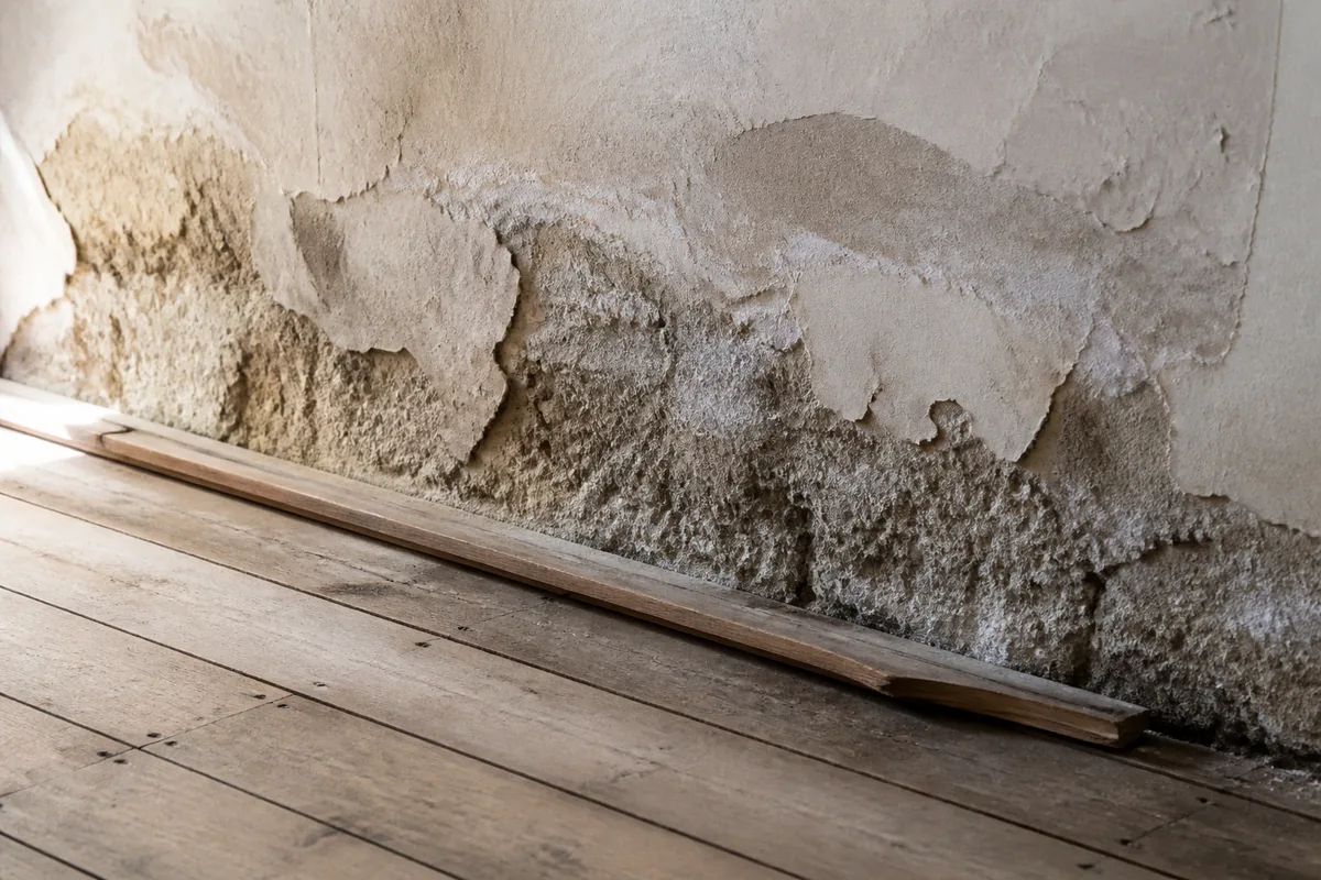 Mur en pierre ancienne présentant des traces d&rsquo;humidité en pied de mur dans une pièce vide