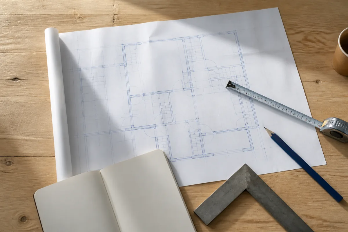 Table de travail en bois clair avec plans techniques dépliés, mètre ruban et carnet ouvert