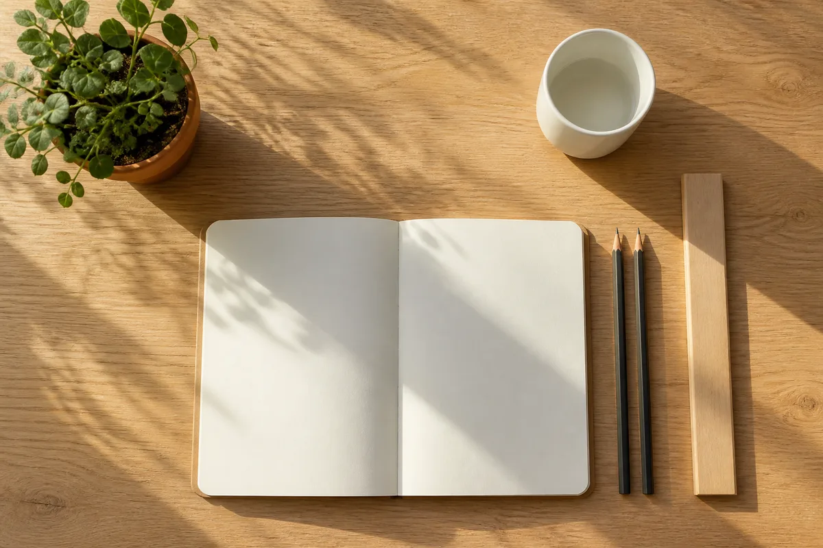 Bureau clair d&rsquo;un travailleur indépendant, carnet ouvert et stylo posés près d&rsquo;une tasse, lumière naturelle rasante venant de la fenêtre