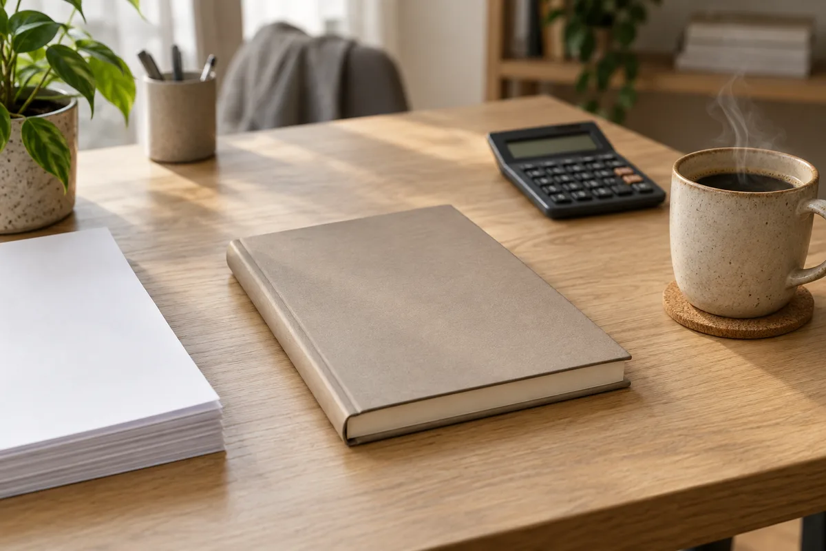 Bureau en bois clair avec une calculatrice éteinte, un carnet fermé et une tasse de café