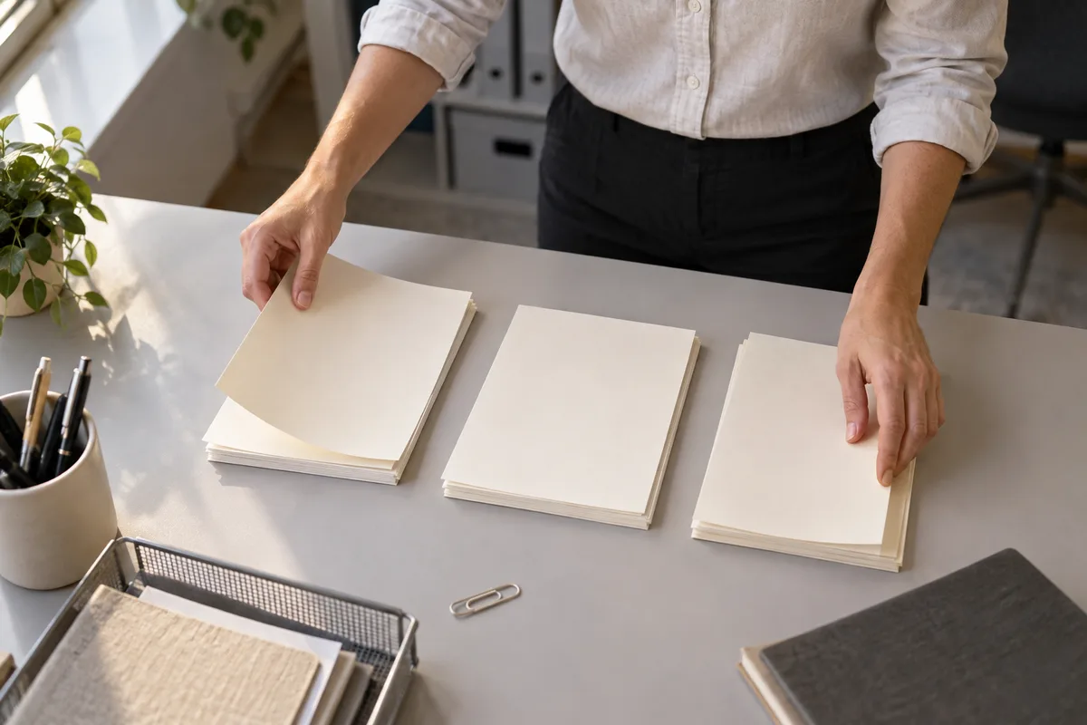 Mains classant des factures papier en trois piles sur une table de bureau