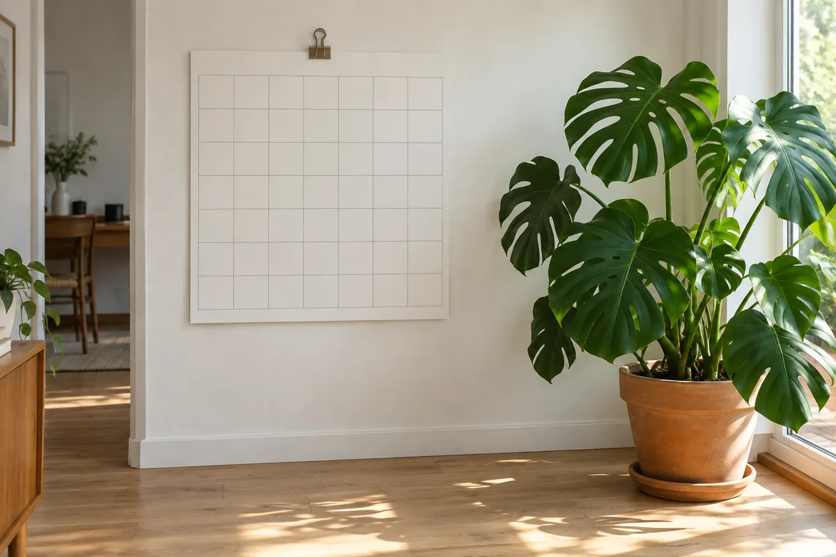 Calendrier mural vierge accroché près d&rsquo;une plante verte dans un bureau lumineux