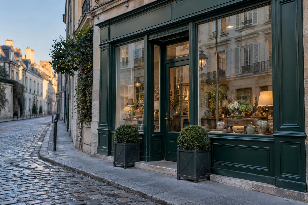 Vitrine de petit commerce au petit matin, rideau métallique relevé sur une rue calme