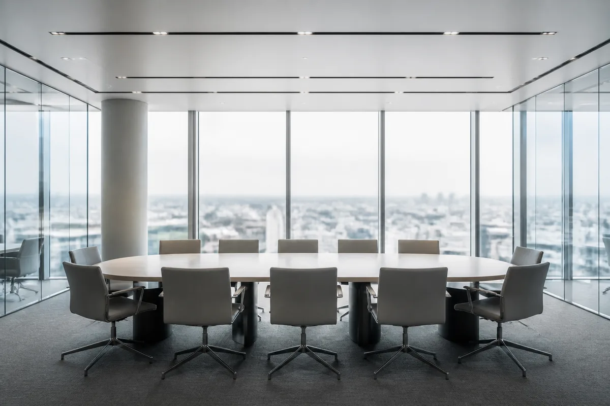 Salle de réunion vitrée d&rsquo;un immeuble de bureaux avec table ovale claire et chaises vides