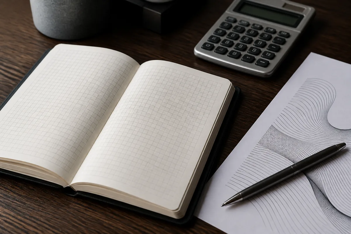 Table de travail avec agenda ouvert, calculatrice et courbes imprimées en noir et blanc
