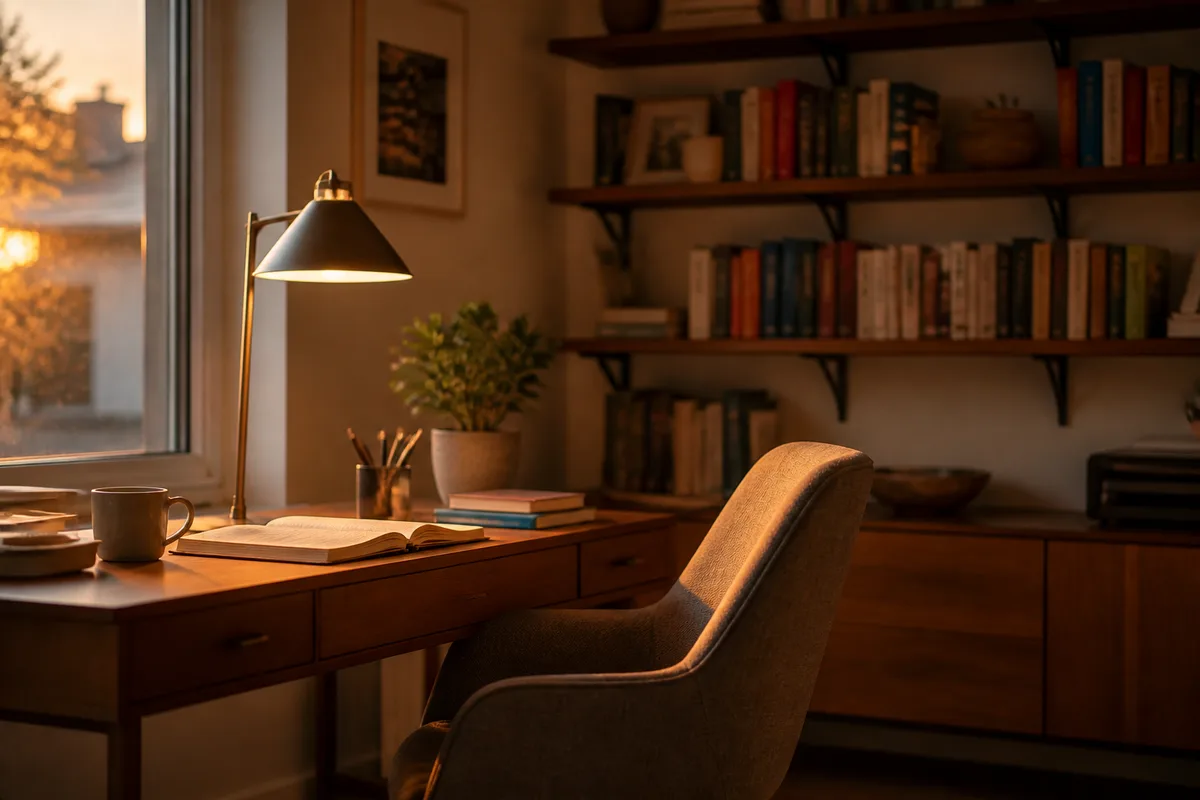 Coin bureau à domicile en fin d&rsquo;après-midi avec lampe allumée et étagère de livres