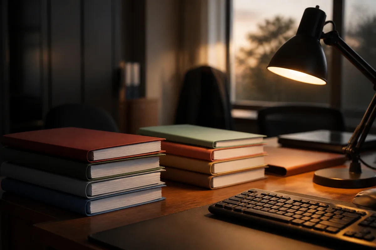 Bureau administratif d&rsquo;une collectivité avec dossiers cartonnés empilés près d&rsquo;une lampe allumée