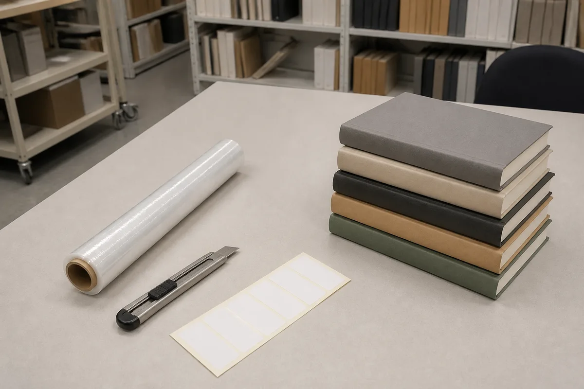 Poste de préparation des documents dans une réserve de médiathèque avec outils et pile d&rsquo;ouvrages