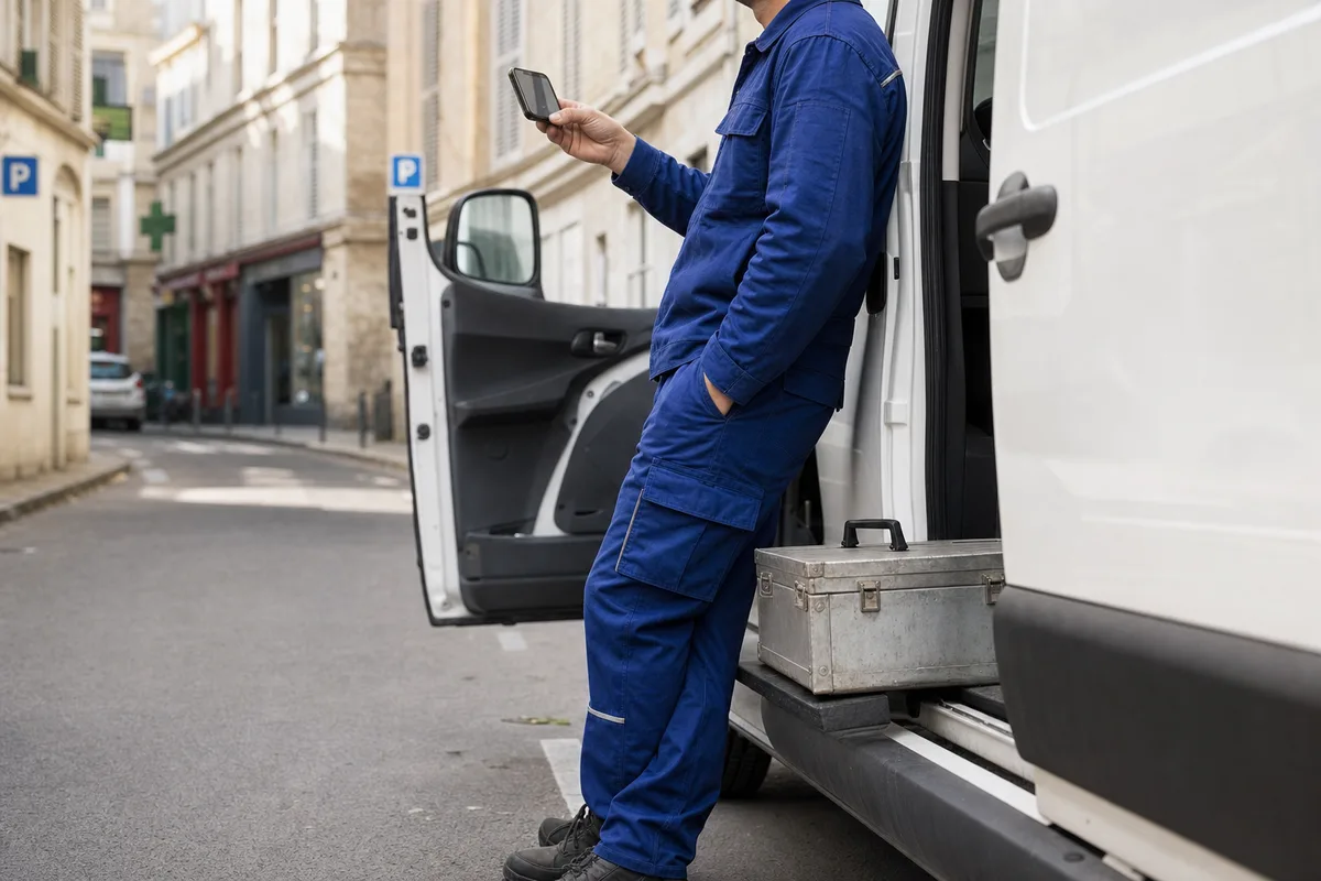 Artisan consultant son téléphone devant sa camionnette garée dans une rue de centre-ville française
