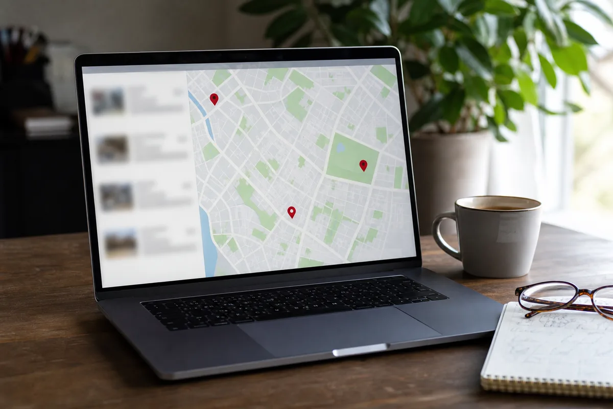 Écran d&rsquo;ordinateur affichant une carte de quartier et des résultats de recherche locale dans un bureau à domicile