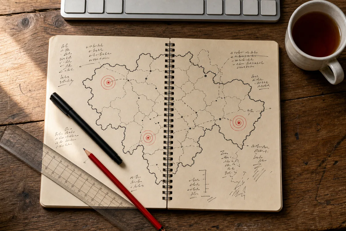 Cahier ouvert avec une carte de département annotée posé à côté d&rsquo;un clavier sur une table en bois