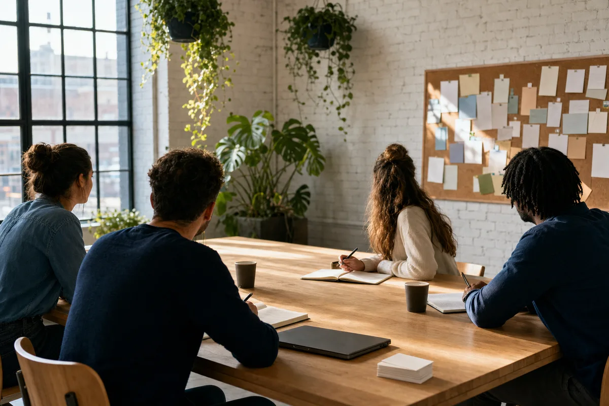 Réunion informelle d&rsquo;entrepreneurs autour d&rsquo;une table dans un espace de coworking de province