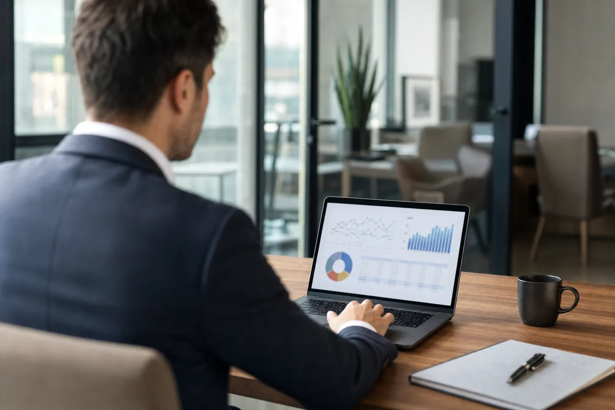 Consultante travaillant sur une analyse chiffrée dans un bureau de conseil moderne