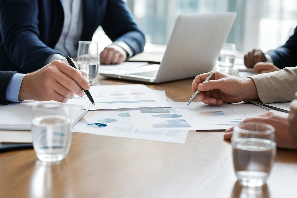 Réunion de travail entre consultants autour de documents et d&rsquo;un ordinateur portable