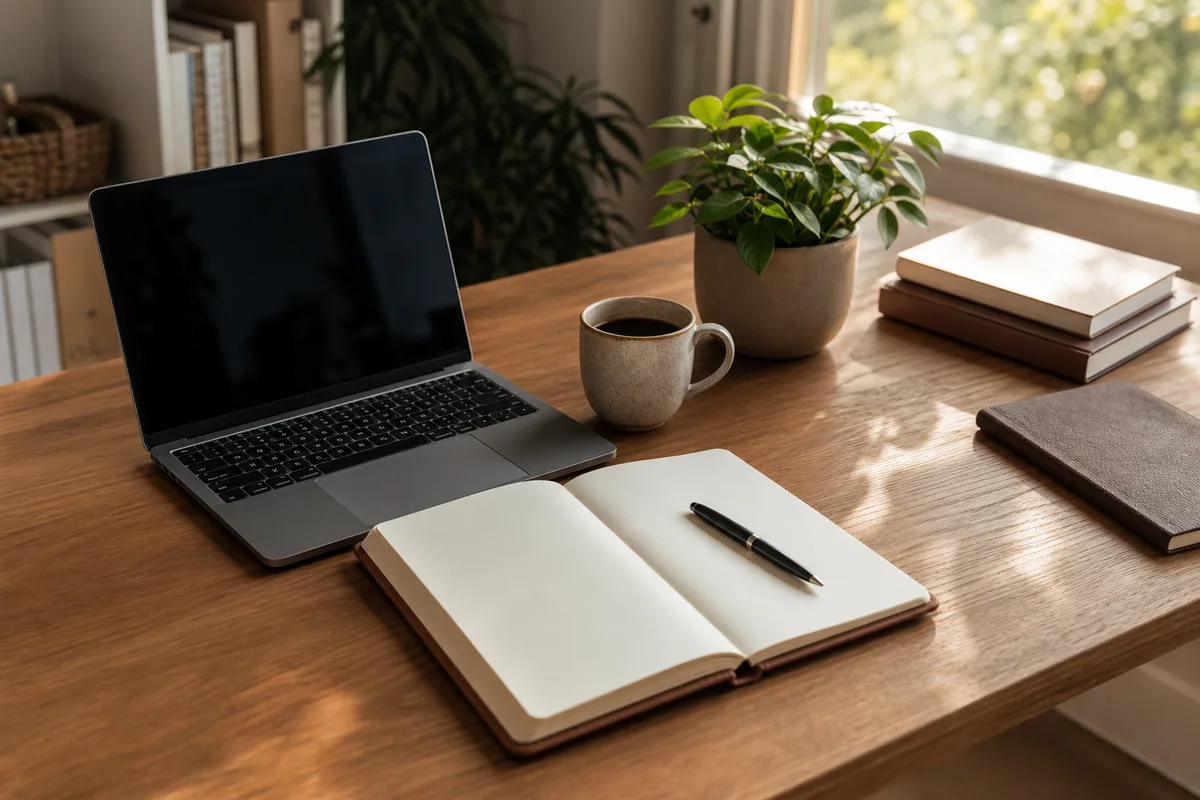 Bureau individuel avec ordinateur portable, carnet de notes et tasse de café en lumière naturelle