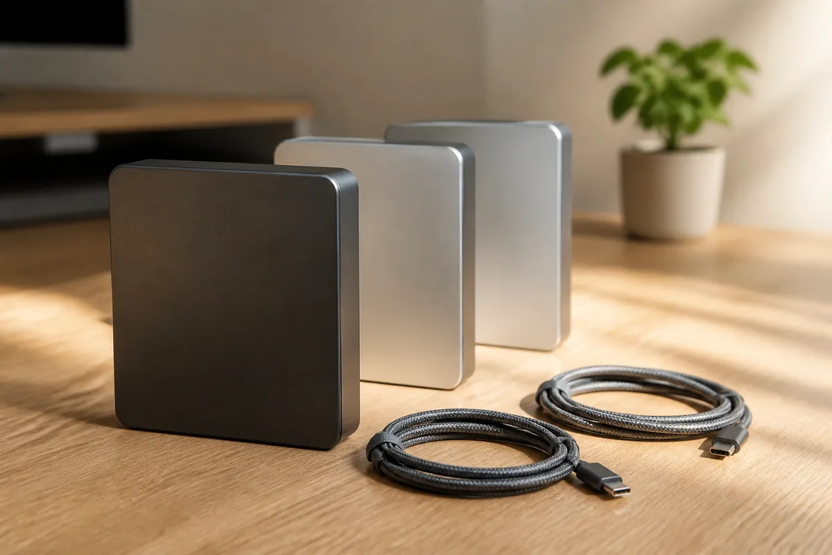 Trois disques durs externes alignés sur un plan de travail en bois clair, câbles enroulés à côté