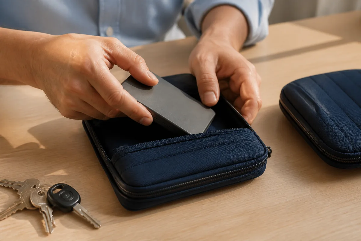 Mains rangeant un disque dur externe dans une pochette rembourrée posée sur un bureau