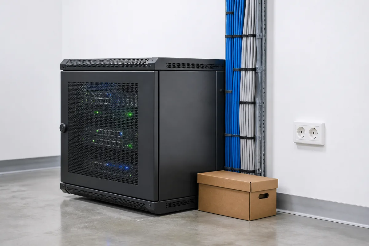Baie informatique compacte dans un local technique aux murs clairs, câblage réseau ordonné
