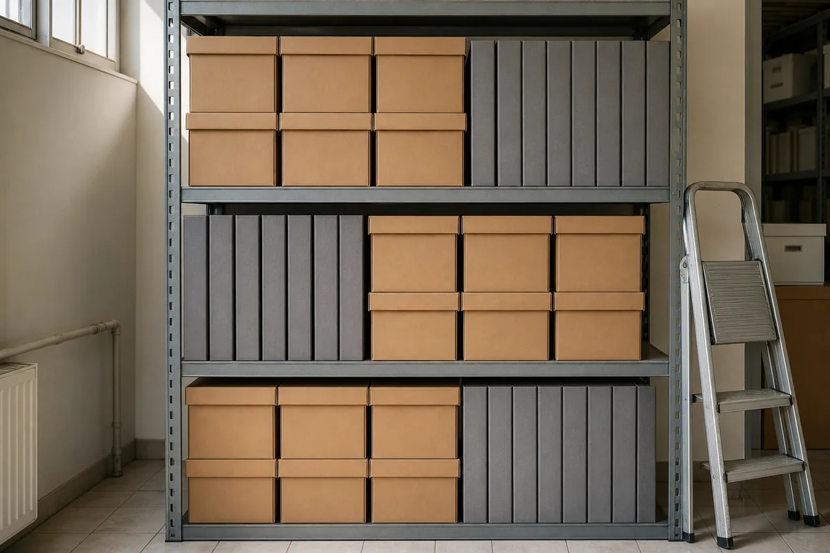 Boîtes d&rsquo;archives en carton uni empilées sur une étagère métallique dans une réserve
