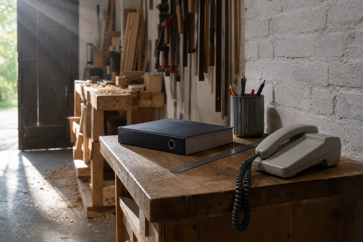 Bureau d&rsquo;artisan avec téléphone fixe posé sur un plan de travail