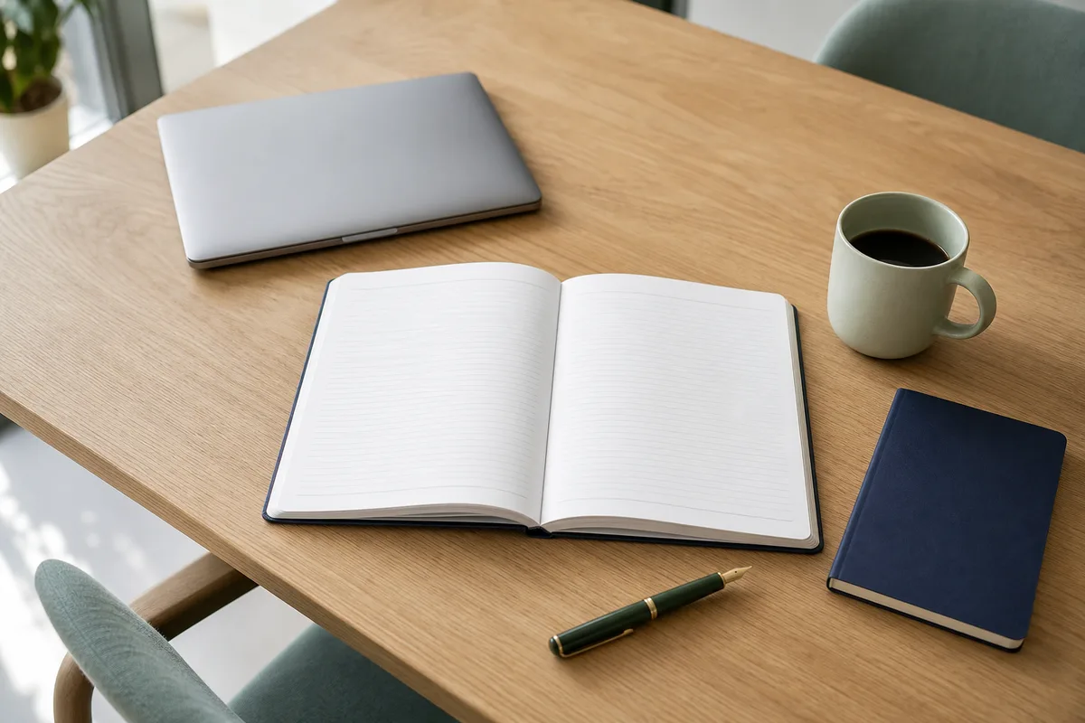 Carnet ouvert et agenda papier annotés à côté d&rsquo;un ordinateur portable fermé