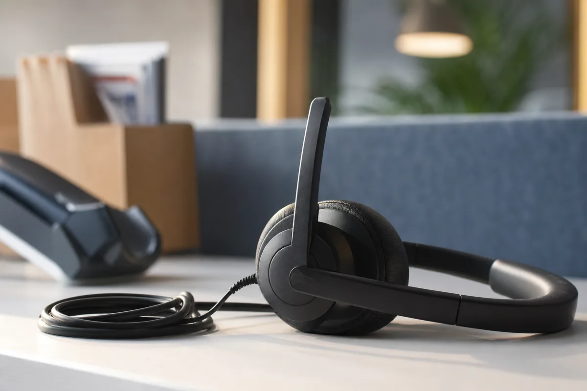 Casque audio professionnel posé sur un bureau clair, lumière naturelle