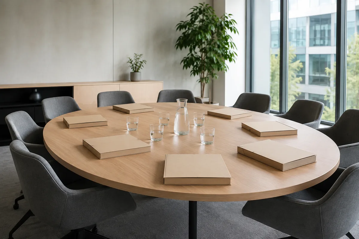 Salle de réunion lumineuse avec table ovale, chemises cartonnées et carafe d eau